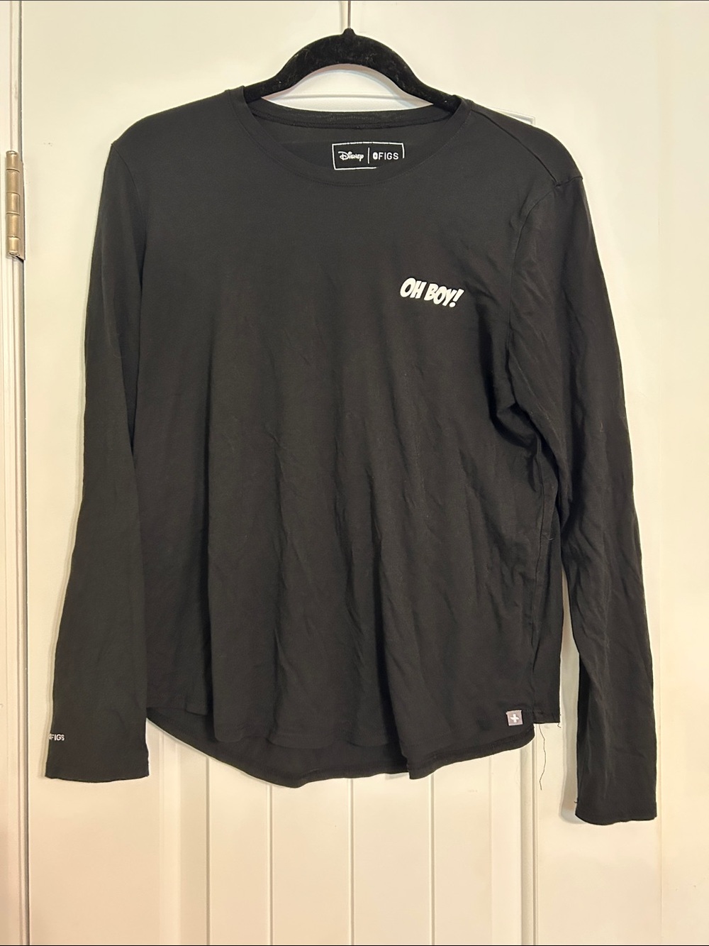 Figs Women's Black Long Sleeve Tee with 'OH BOY!' Chest Script